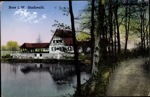 Ak Buer Gelsenkirchen im Ruhrgebiet, Uferpartie am Teich im Stadtwald, Gasthaus