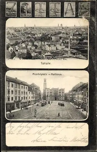 Ak Zittau in Sachsen, Gesamtansicht, Marktplatz, Rathaus, Straßenbahn