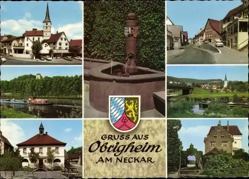 Ak Obrigheim am Neckar Baden, Wappen, Kirche, Flusspartie, Häuser, Wasserquelle