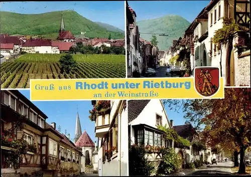 Ak Rhodt unter Rietburg in der Pfalz, Wappen, Häuser, Straßenpartie