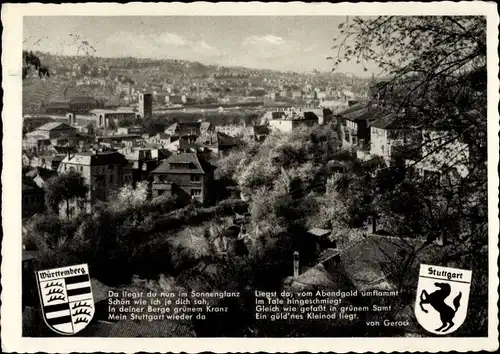 Wappen Ak Stuttgart in Württemberg, Blick auf die Stadt, Da liegst du nun im Sonnenglanz...