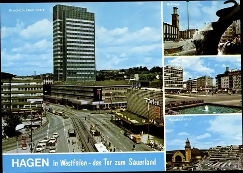 Ak Hagen in Westfalen, Berliner Platz, Rathaus, Hauptbahnhof, Friedrich-Ebert-Platz