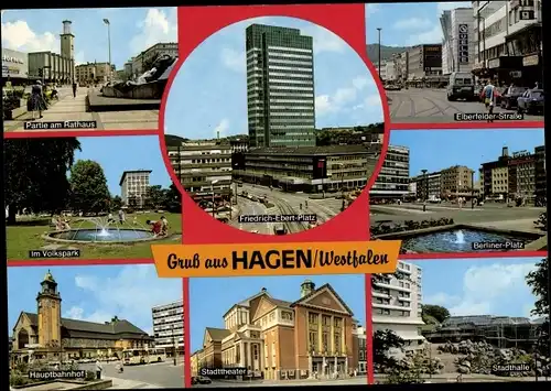 Ak Hagen in Westfalen, Berliner Platz, Rathaus, Hauptbahnhof, Stadthalle, Stadttheater