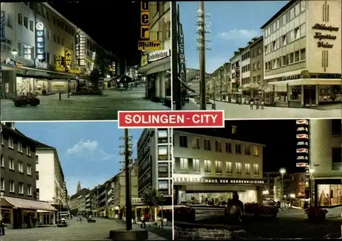 Ak Solingen in Nordrhein Westfalen, Stadtansichten, Geschäfte, Stadt bei Nacht