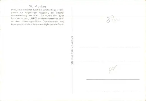 Ak Augsburg in Schwaben, Fuggerei, St. Markus Kirche, Innenansicht