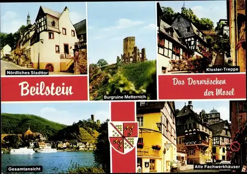 Ak Beilstein an der Mosel, Burgruine Metternich, Klostertreppe, alte Fachwerkhäuser, Wappen
