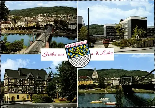 Ak Nassau an der Lahn, Blick zur Stadt, Brücke, Wappen, Gasthof