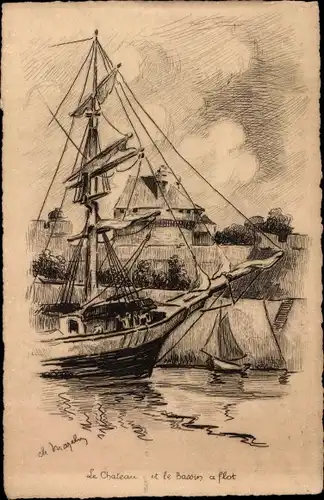 Künstler Ak Le Chateau et le Bassin a flot, Segelschiff