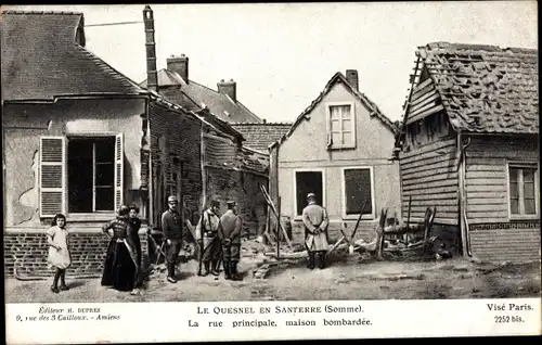 Ak Le Quesnel en Santerre Somme, La rue principale, maison bombardee, Kriegszerstörungen, I. WK
