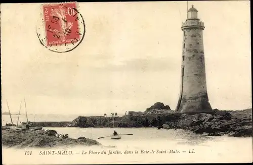 Ak Saint Malo Ille et Vilaine Bretagne, Le Phare du Jardin, dans la Baie de Saint Malo