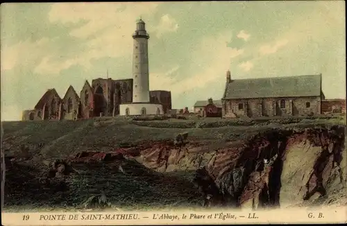 Ak Plougonvelin Finistère, Pointe de Saint Mathieu, l'Abbaye, Phare, Eglise