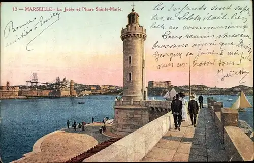 Ak Marseille Bouches du Rhône, Jetee et Phare Sainte Marie