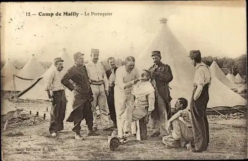 Ak Mailly le Camp Aube, Le Perruquier, französische Soldaten, Zelte