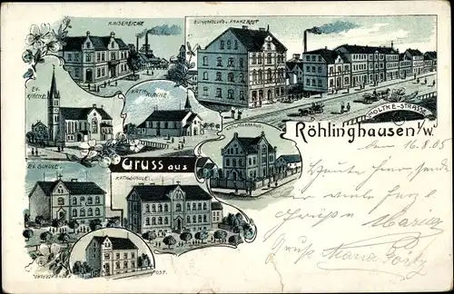 Litho Röhlinghausen Eickel Herne im Ruhrgebiet, Moltkestraße, Kaisereiche, Kirche, Schule, Post
