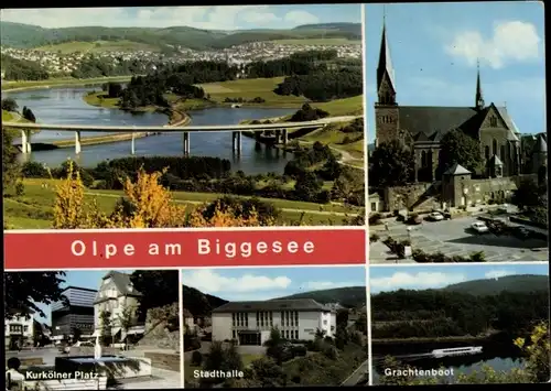 Ak Olpe im Sauerland Westfalen, Kurkölner Platz, Stadthalle, Grachtenboot, Kirche