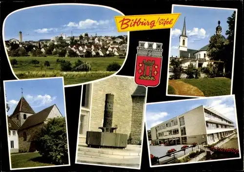 Ak Bitburg in der Eifel, Totale, Kirche, Flachbau, Wappen, Brunnen