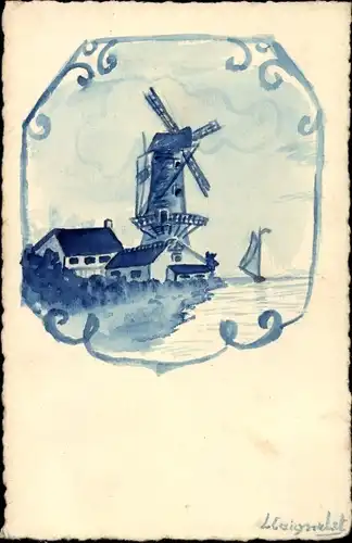Handgemalt Ak Landschaft mit Windmühle