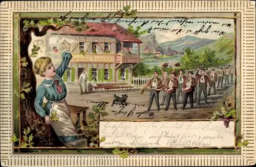 Präge Litho Wanderer vor dem Gasthaus Krug zum grünen Kranze, Sänger