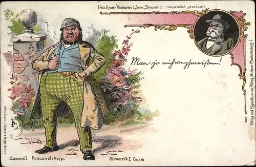 Litho Fritz Reuter Serie Stromtid, Zamwel Pomuchelskopp, Portrait, Mann mit Pfeife