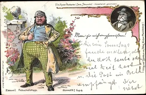 Litho Fritz Reuter Serie Stromtid, Zamwel Pomuchelskopp, Mann mit Pfeife, Portrait