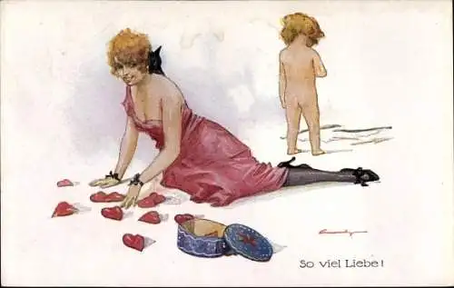 Künstler Ak So viel Liebe, Frau, Herzen, Amor