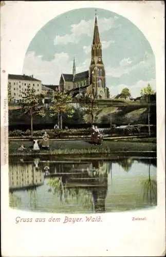 Ak Zwiesel im Bayerischen Wald, Teilansicht, Kirche