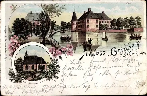Litho Bismarck Gelsenkirchen im Ruhrgebiet, Schloss Grimberg, Boote, Kirche