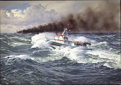 Künstler Ak Seenotkreuzer mit Tochterboot der 44m Klasse, John T. Essberger, DGzRS