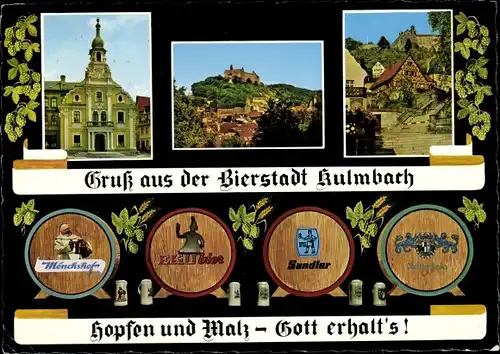 Ak Kulmbach in Oberfranken, Bierstadt, Burg, Fachwerkhaus, Bierfäßer, Ort, Giebelhaus