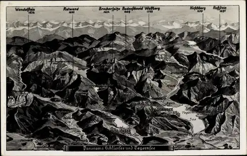 Landkarten Ak Schliersee in Oberbayern, Panorama, Tegernsee, Rotwand, Wallberg, Hirschberg