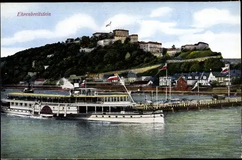 Ak Ehrenbreitstein Koblenz am Rhein, Blick auf den Ort, Salondampfer