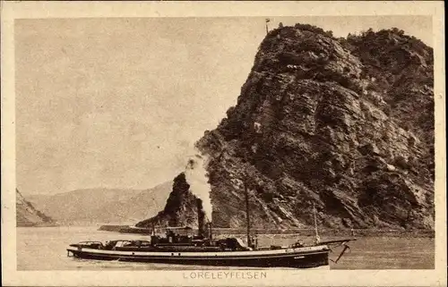 Ak Sankt Goarshausen am Rhein, Loreley-Felsen, Salondampfer