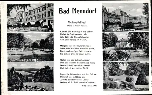 Ak Bad Nenndorf an der Weser, Schwefellied von Albert Rossow, Kurpark, Kurhaus, Sonnengarten