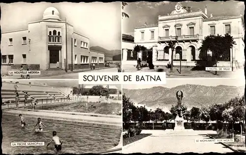 Ak Batna Algerien, l'Hôtel de Ville, la nouvelle Médersa, monument aux morts, Freibadpartie