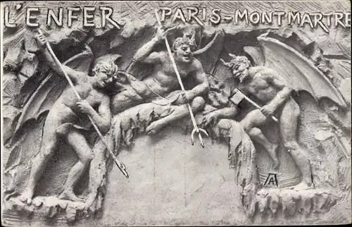 Ak Paris XVIII. Arrondissement Buttes-Montmartre, L'Enfer, Statue, Teufel