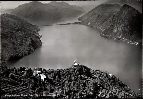 Ak Kanton Tessin Schweiz, Monte Bre, Blick auf Luganersee, Luftbild