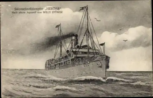 Künstler Ak Stöwer, Willy, Salonschnelldampfer Hertha, Dampfer Odin, Reederei Braeunlich Stettin