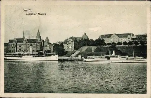 Ak Szczecin Stettin Pommern, Hafenpartie, Dampfer Hertha, Reederei Braeunlich