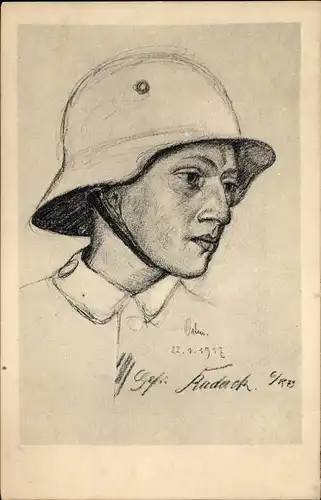 Künstler Ak Deutscher Soldat in Uniform, Infanterie Regiment 73, 6. Komp, Stahlhelm, Gefr. Radeck