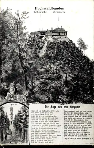 Künstler Ak Oybin in der Oberlausitz, Zittauer Gebirge, Sage vom Hochwald, Hochwaldbauden, Turm