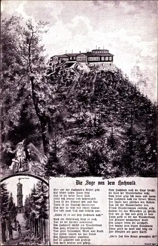 Künstler Ak Oybin in der Oberlausitz, Zittauer Gebirge, Hochwaldbaude, Turm, Sage v. Hochwald, Zwerg