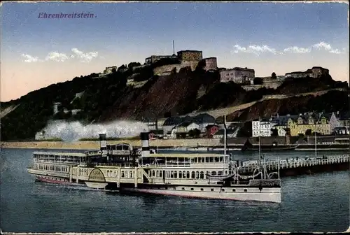 Ak Ehrenbreitstein Koblenz am Rhein, Blick auf den Ort, Salondampfer