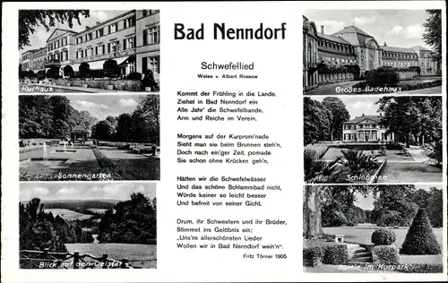 Ak Bad Nenndorf an der Weser, Schwefellied von Albert Rossow, Kurpark, Kurhaus, Sonnengarten