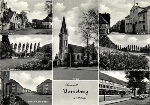 Ak Pinneberg in Holstein, Kirche, Rathaus, Bismarckstraße, Damm, Rosengarten, Richard Köhn Straße