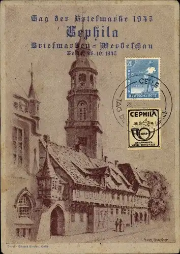 Künstler Ak Celle in Niedersachsen, Tag der Briefmarke 1947, Cephila, Briefmarken Werbeschau