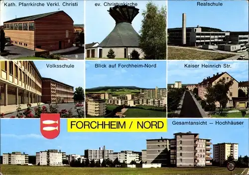Ak Forchheim in Oberfranken Bayern, Siedlung Nord, Hochhäuser, Christuskirche, Pfarrkirche, Schule