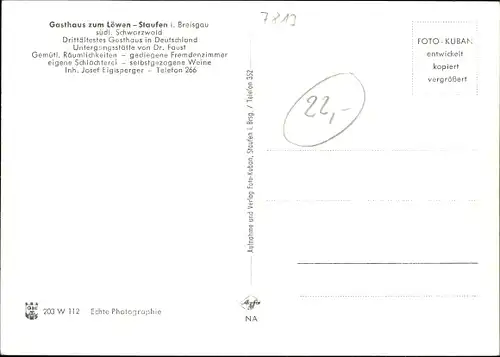 Ak Staufen im Breisgau, Gasthaus z. Löwen, Historische Fauststätte