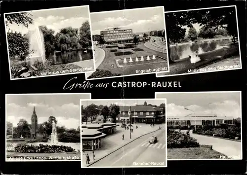 Ak Castrop Rauxel im Ruhrgebiet, Hallenbad, Engelsburgplatz, Bahnhof Rauxel