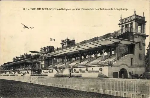 Ak Paris XVI, Bois de Boulogne, Vue d'ensemble des Tribunes de Longchamp