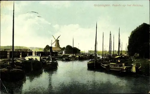 Ak Groningen Niederlande, Gezicht op het Reitdiep, Boote, Mühle